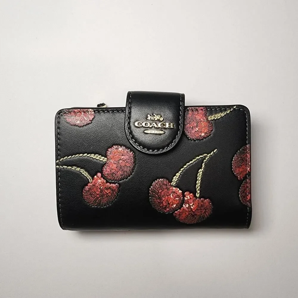 NWT Coach CDF10 Medium Corner Zip Wallet With Cherry Print Gold/Black Multi